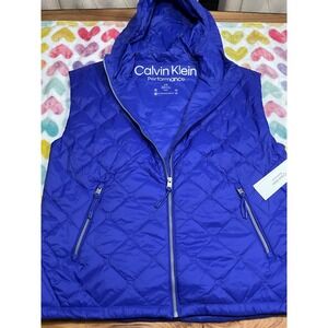 Calvin Klein‎ Performance Women Royal Blue Quilted Zip Up Hooded Vest L